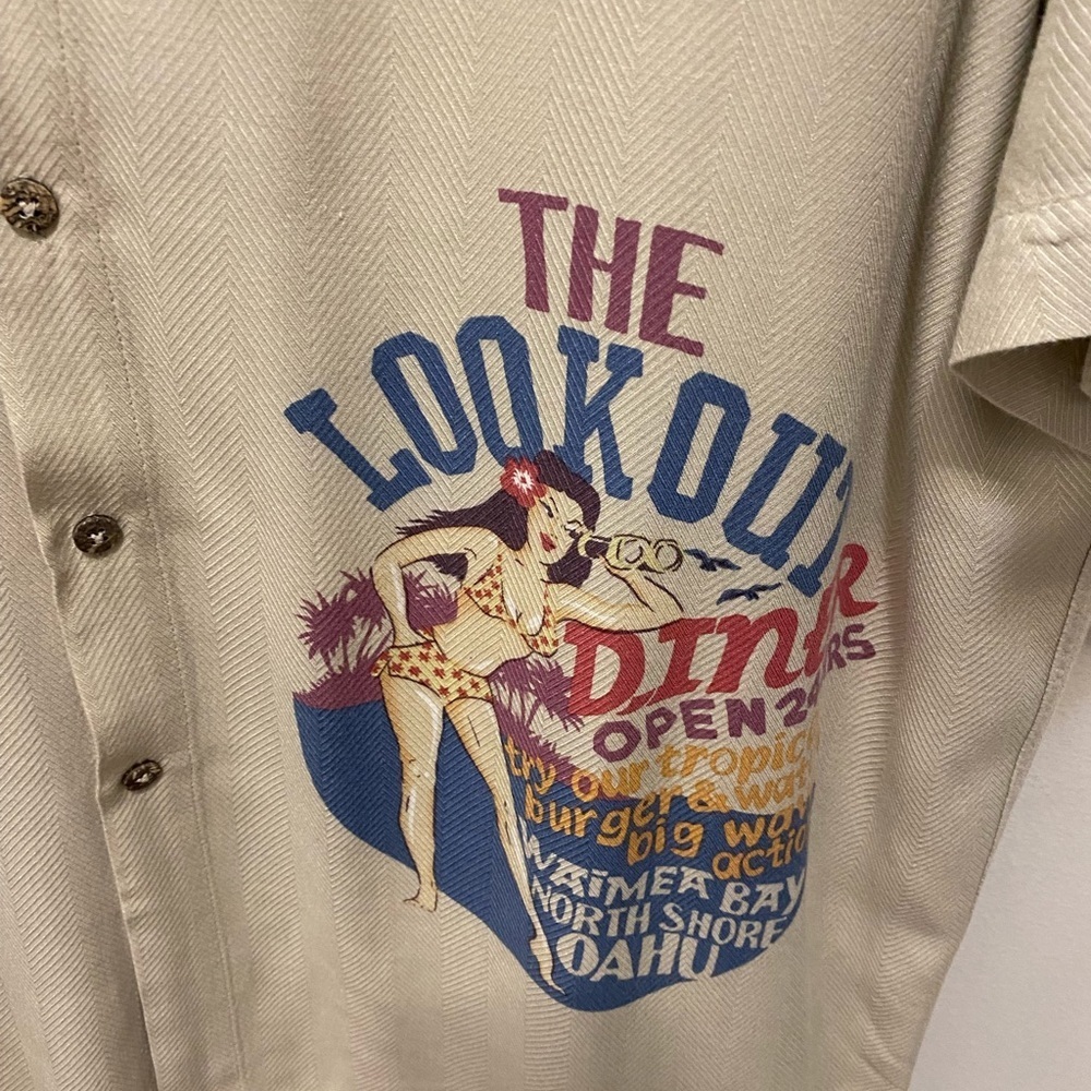 Men’s  CAMPIA XL short sleeve button down shirt in beige with diner logo. - Picture 4 of 12